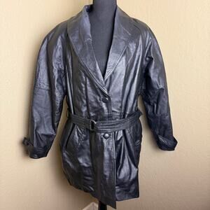 Liz Baker Essentials Women’s PL Black Genuine Leather Belted Trench Coat